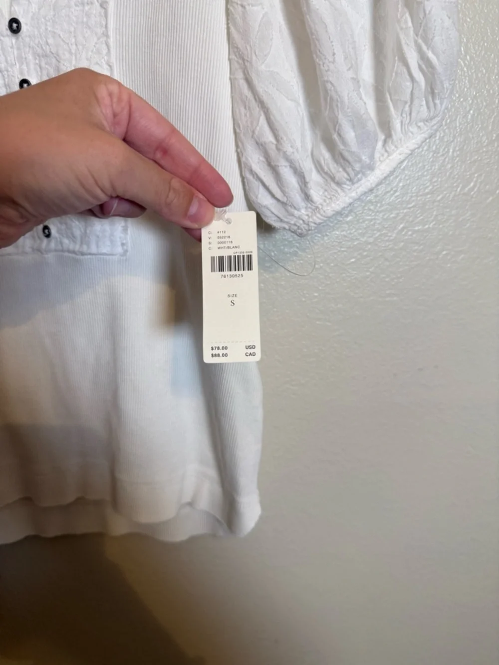 Anthropologie Ivory Textured Puff-Sleeve Button Henley Blouse